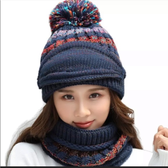 Navy Blue Winter Pompom Beanie Hat with Warm Fleece Lined Gaiter Scarf Face Mask - Picture 3 of 5